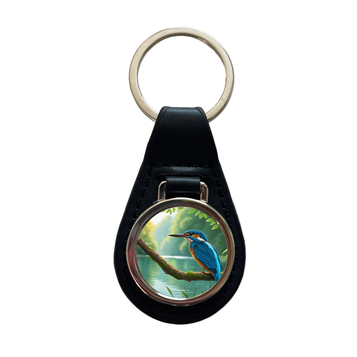 Kingfisher Blue Bird Black Leather Metal Keychain
