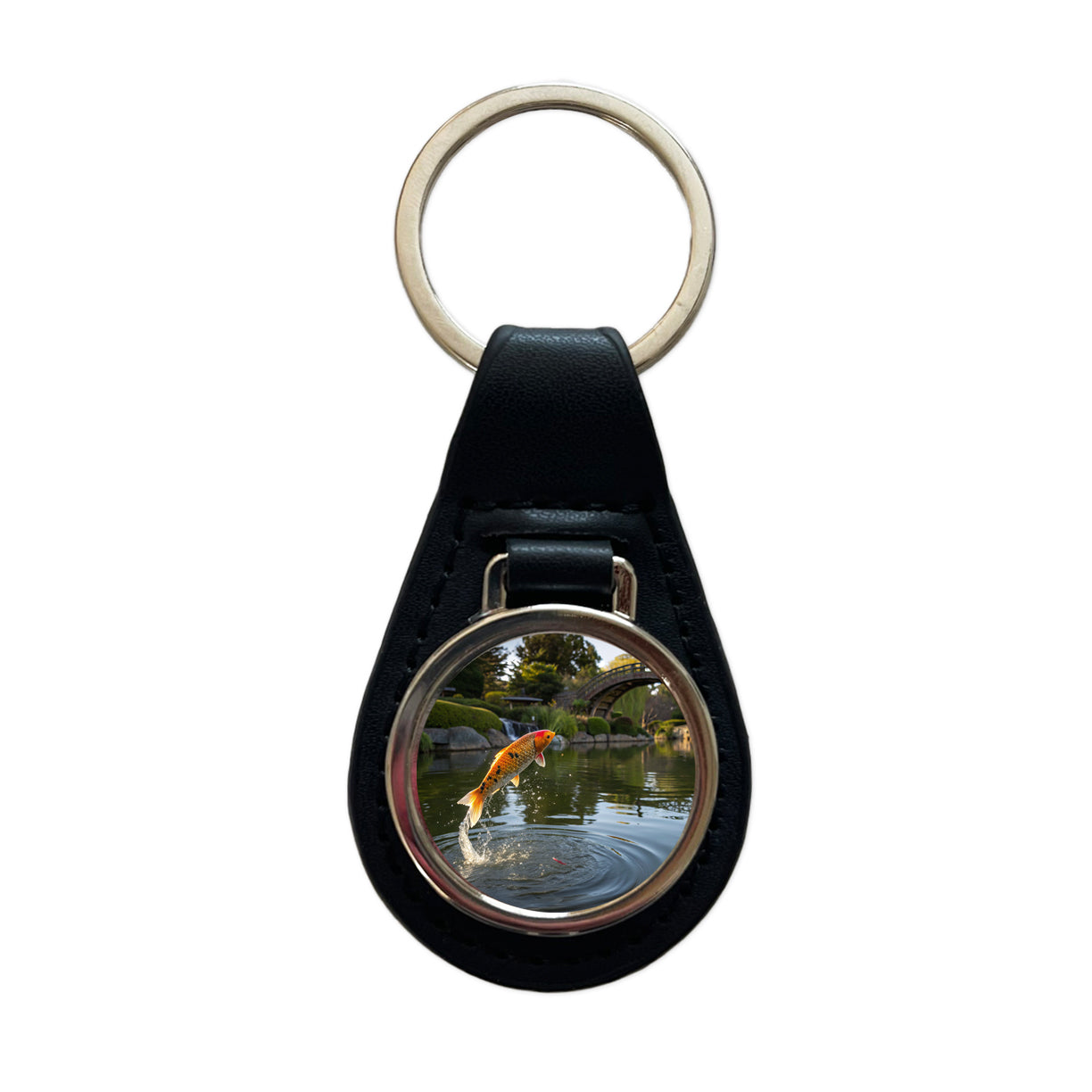 Koi Fish Jumping Black Leather Metal Keychain