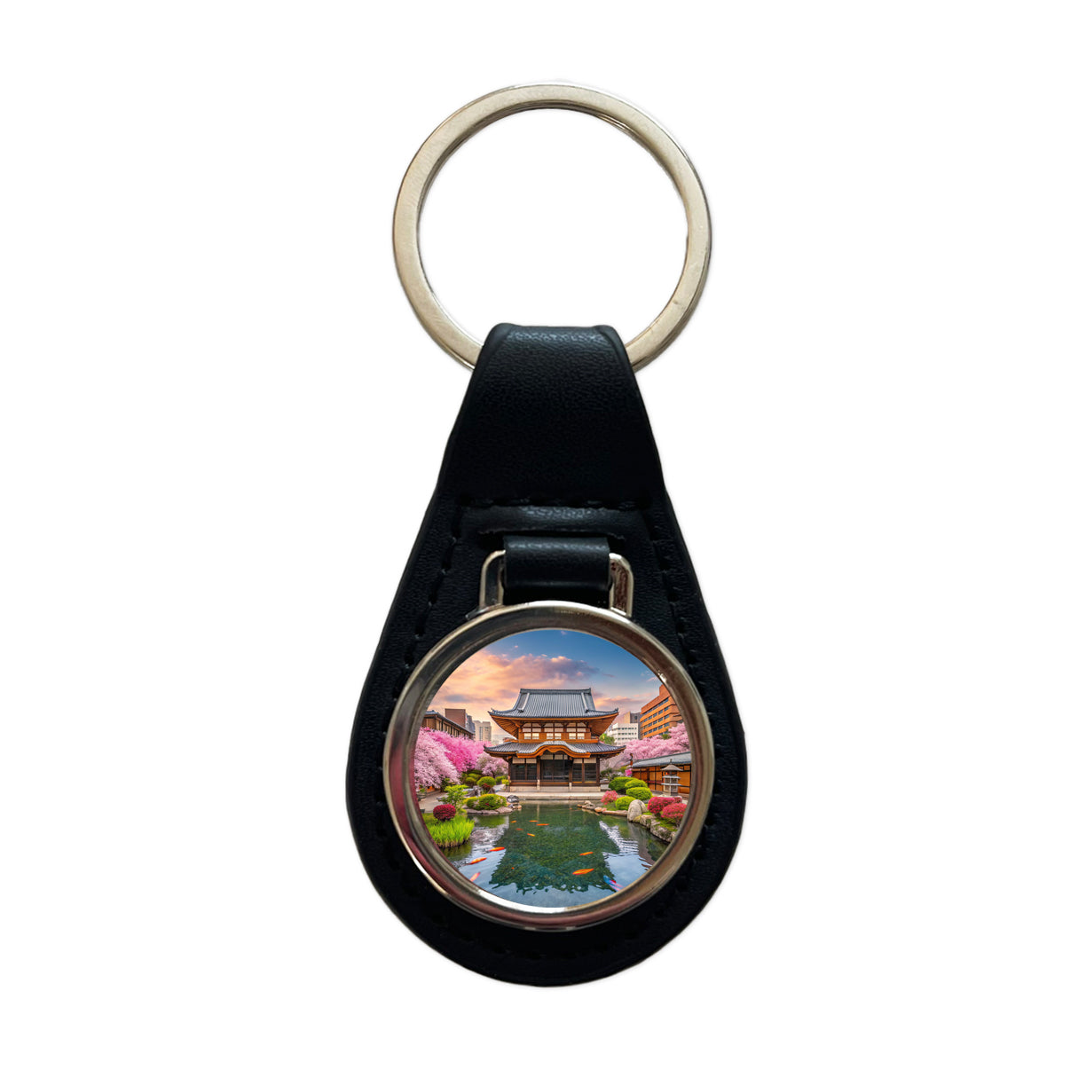 Kyoto Japan Koi Pond Black Leather Metal Keychain
