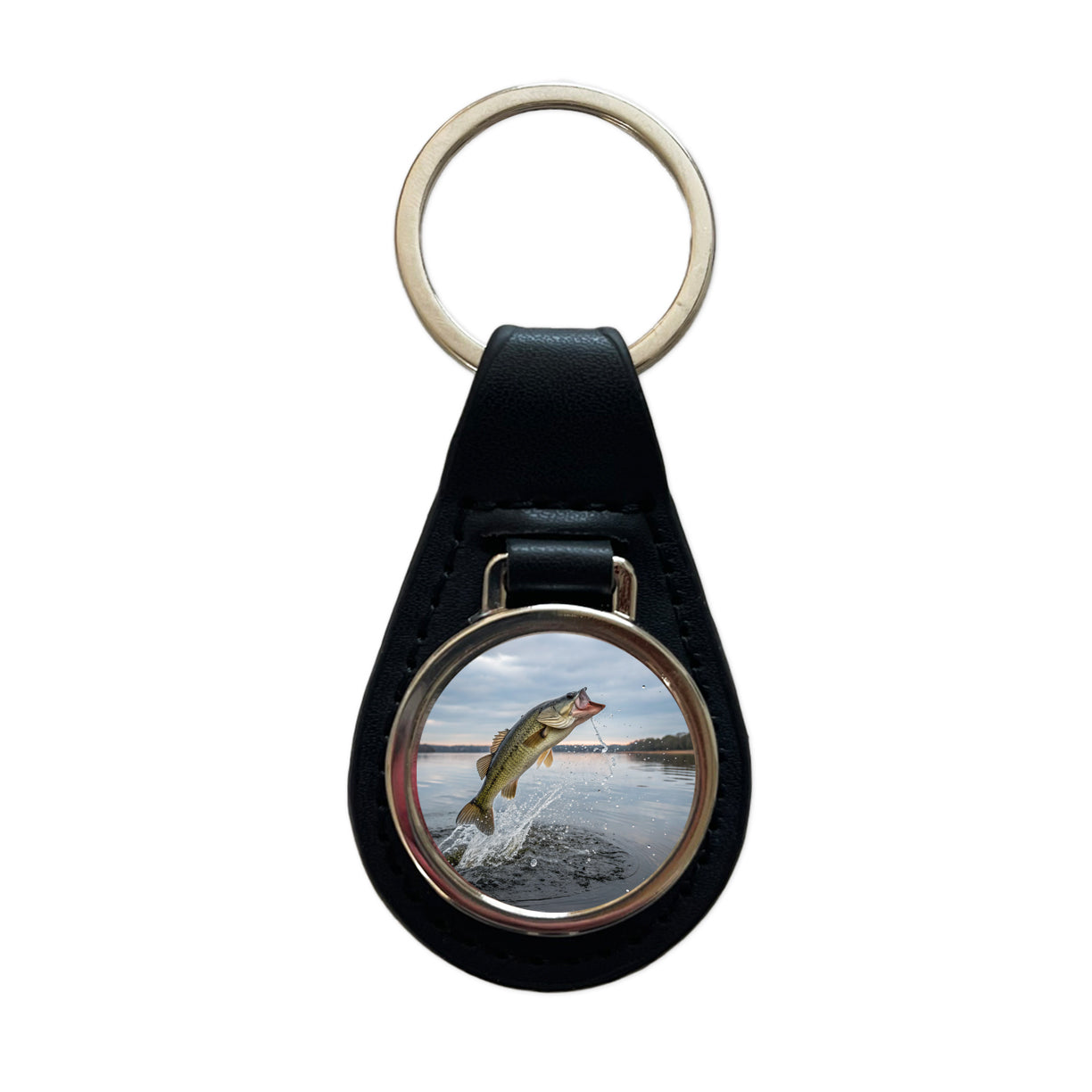 Largemouth Bass Fish Jumping Fishing Awesome Black Leather Metal Keychain