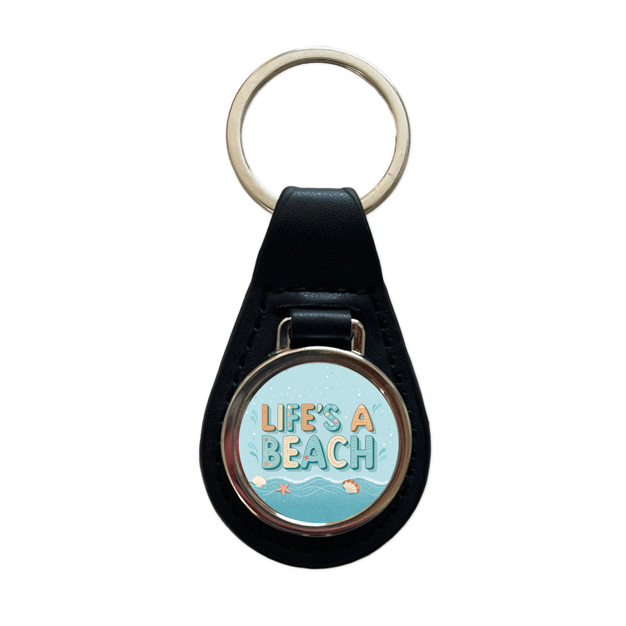 Life's A Beach Sea Foam Ocean Black Leather Metal Keychain