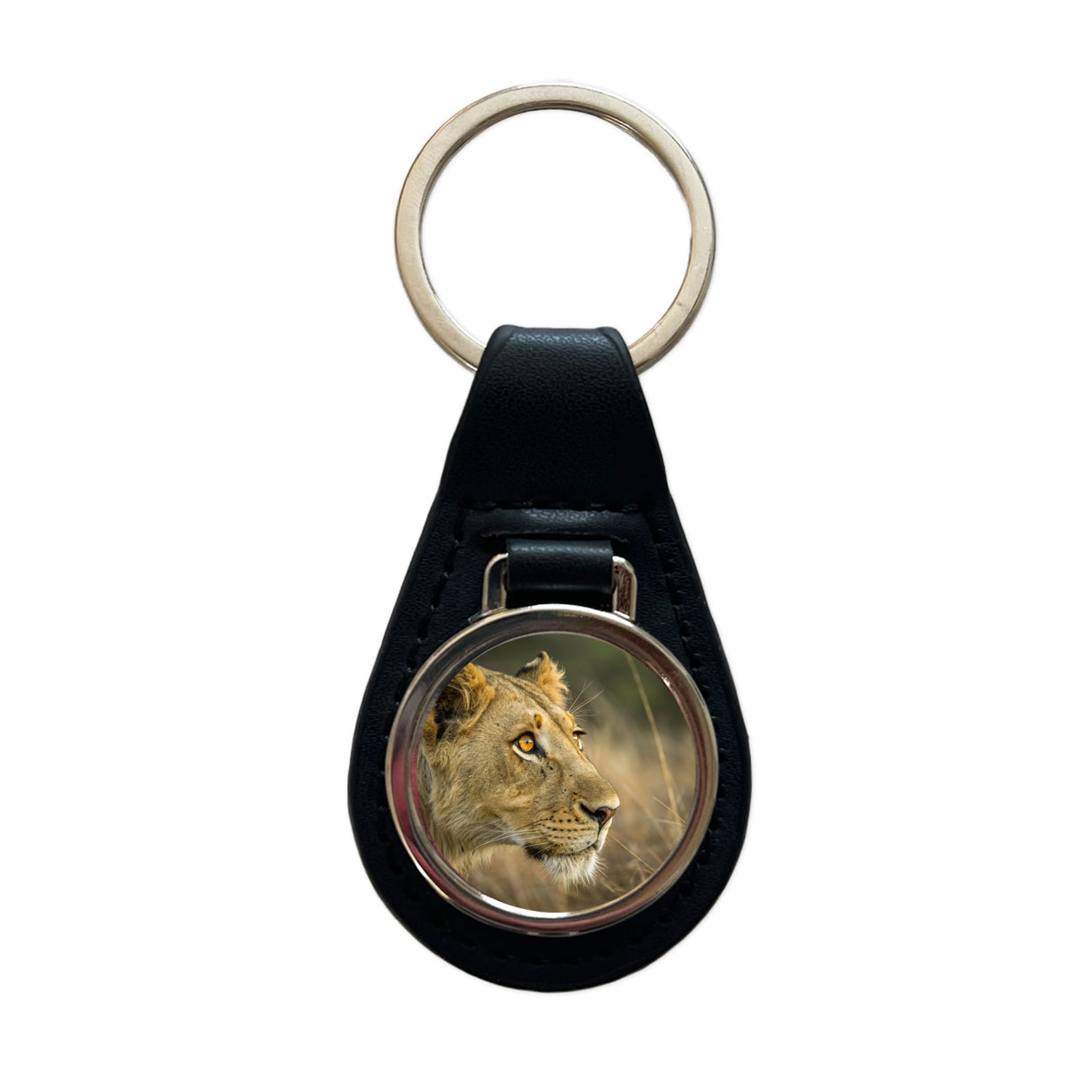 Lion Eyes Close Up Black Leather Metal Keychain