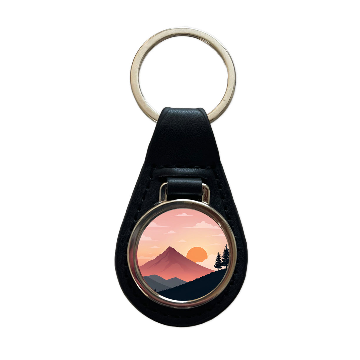 Lovely Mountain Sunset Black Leather Metal Keychain