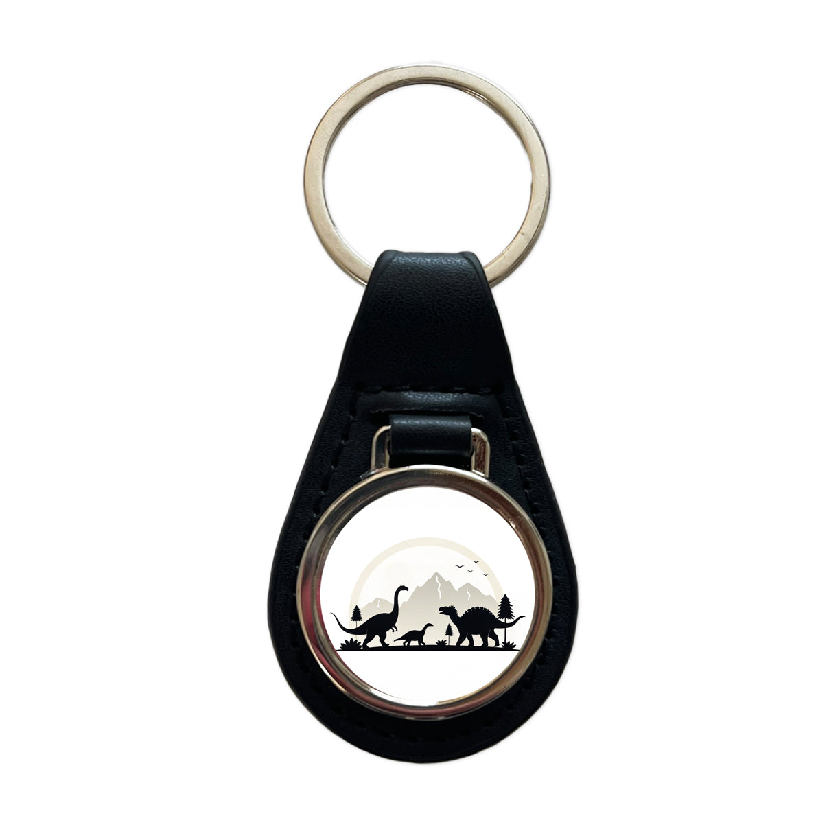 Minimalist Dinosaur Silhouettes Black Leather Metal Keychain