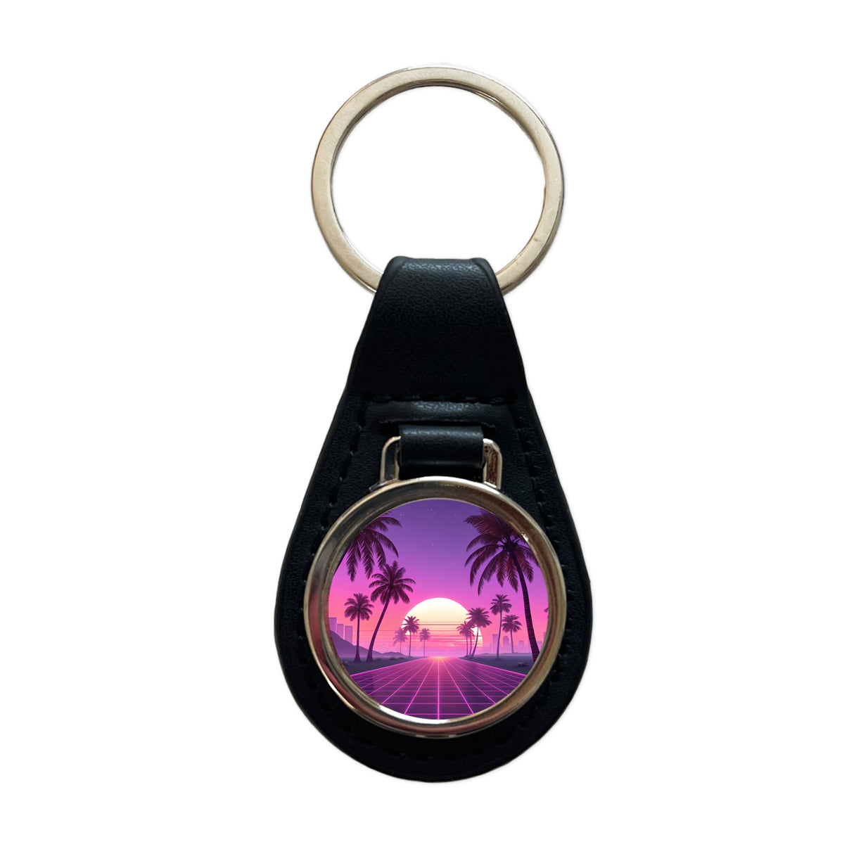 Neon Pinks Purples Palm Trees Sun Setting Black Leather Metal Keychain