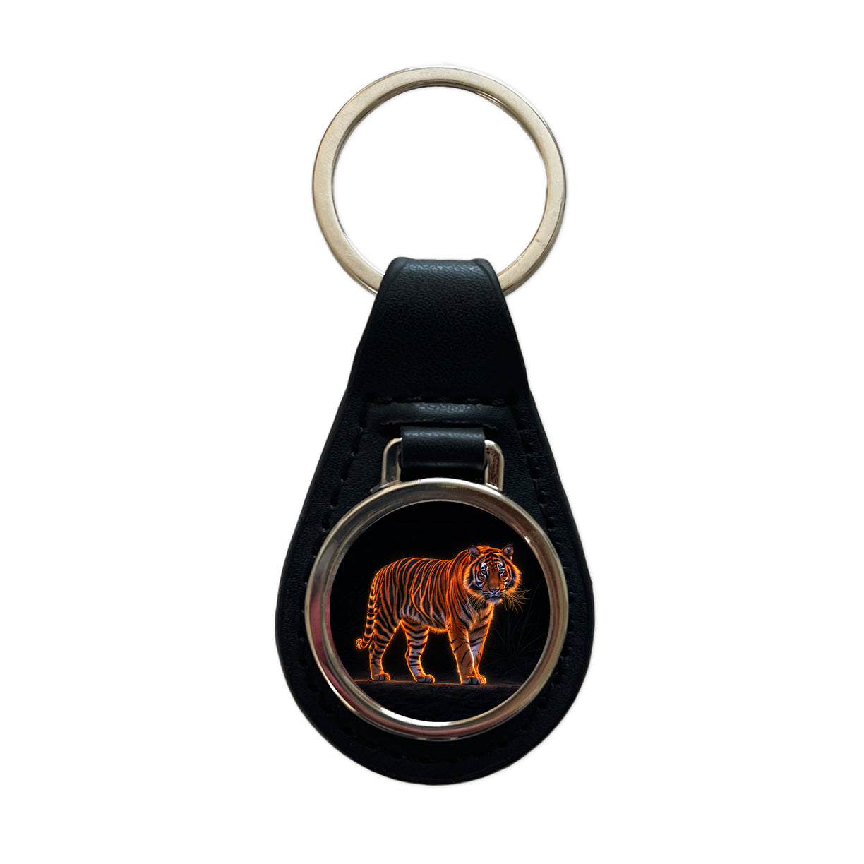 Neon Tiger Orange Black Leather Metal Keychain