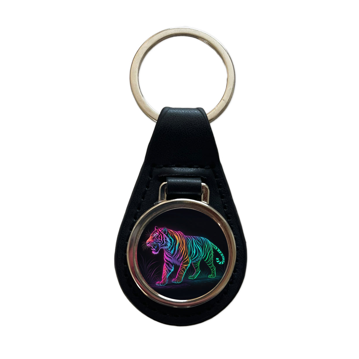 Neon Tiger Stunning Black Leather Metal Keychain