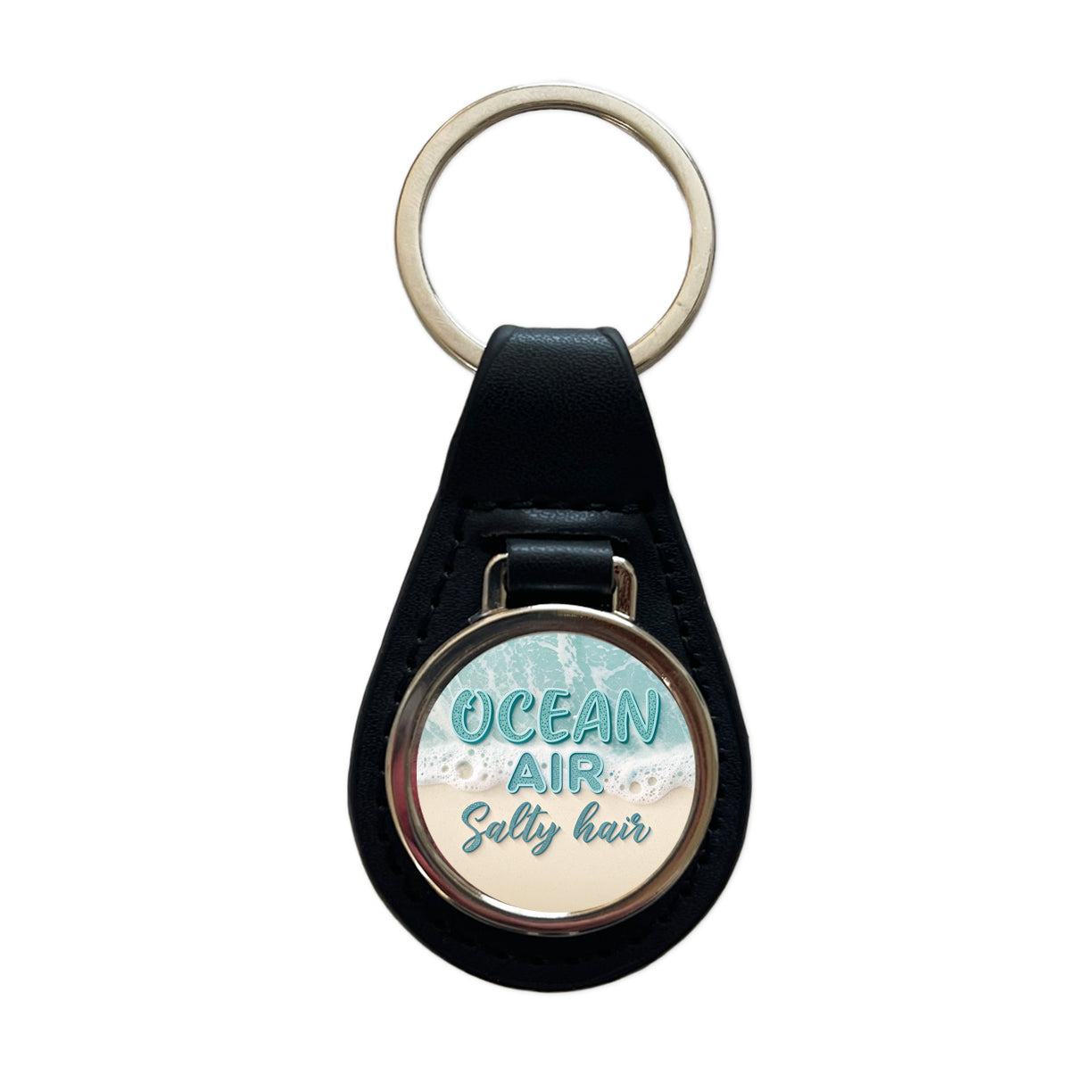 Ocean Air Salty Hair Sea Foam Beach Black Leather Metal Keychain