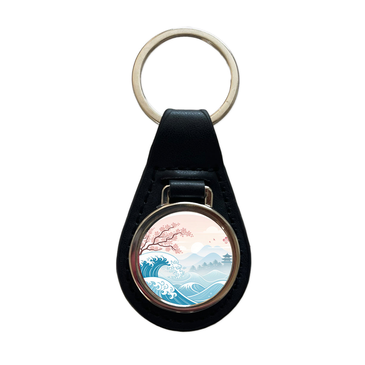 Ocean Waves Japanese Style Cherry Blossoms Black Leather Metal Keychain