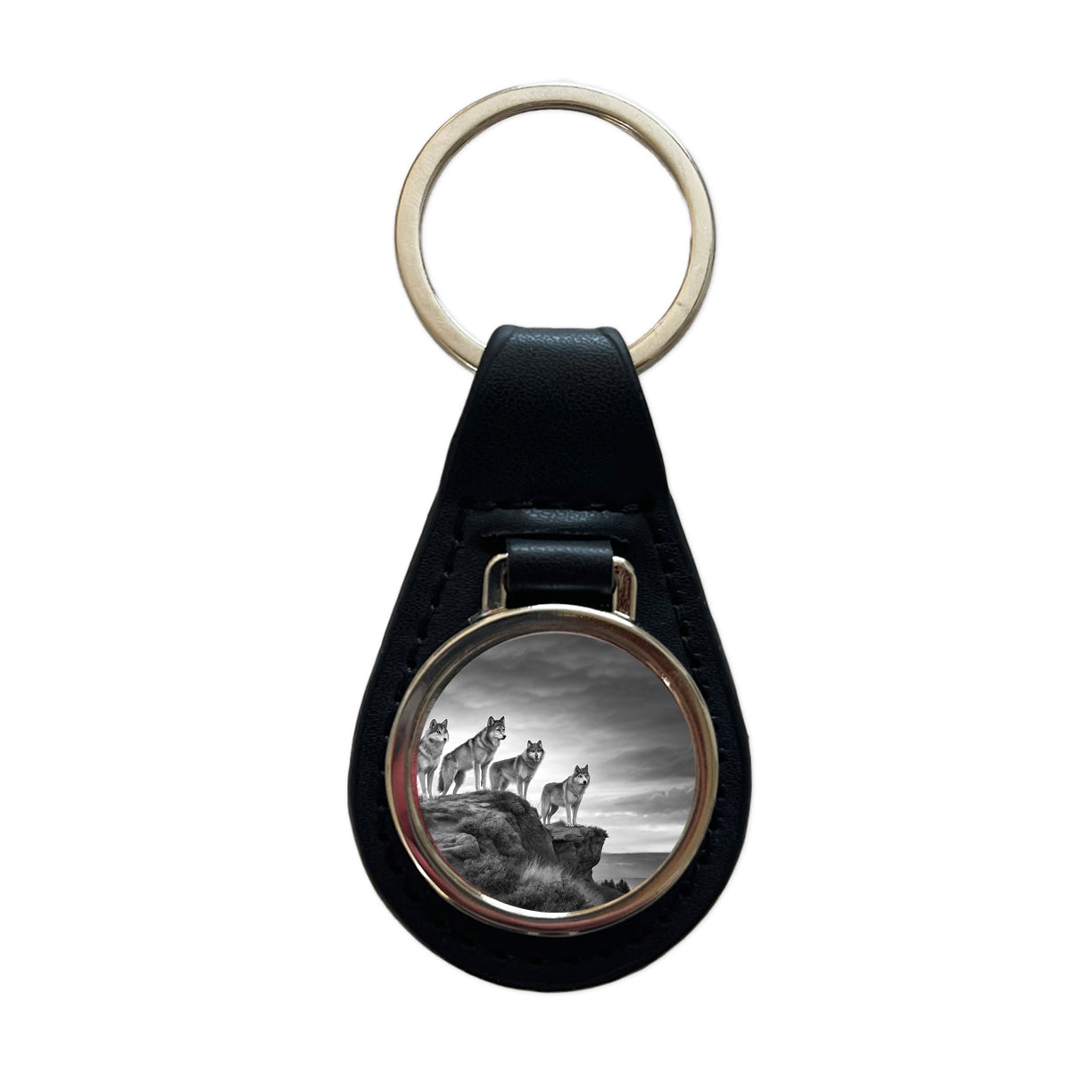 Pack Of Wolves On A Cliff Black White Black Leather Metal Keychain
