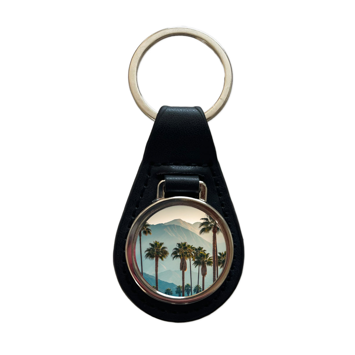 Palm Trees And Mountains Black Leather Metal Keychain
