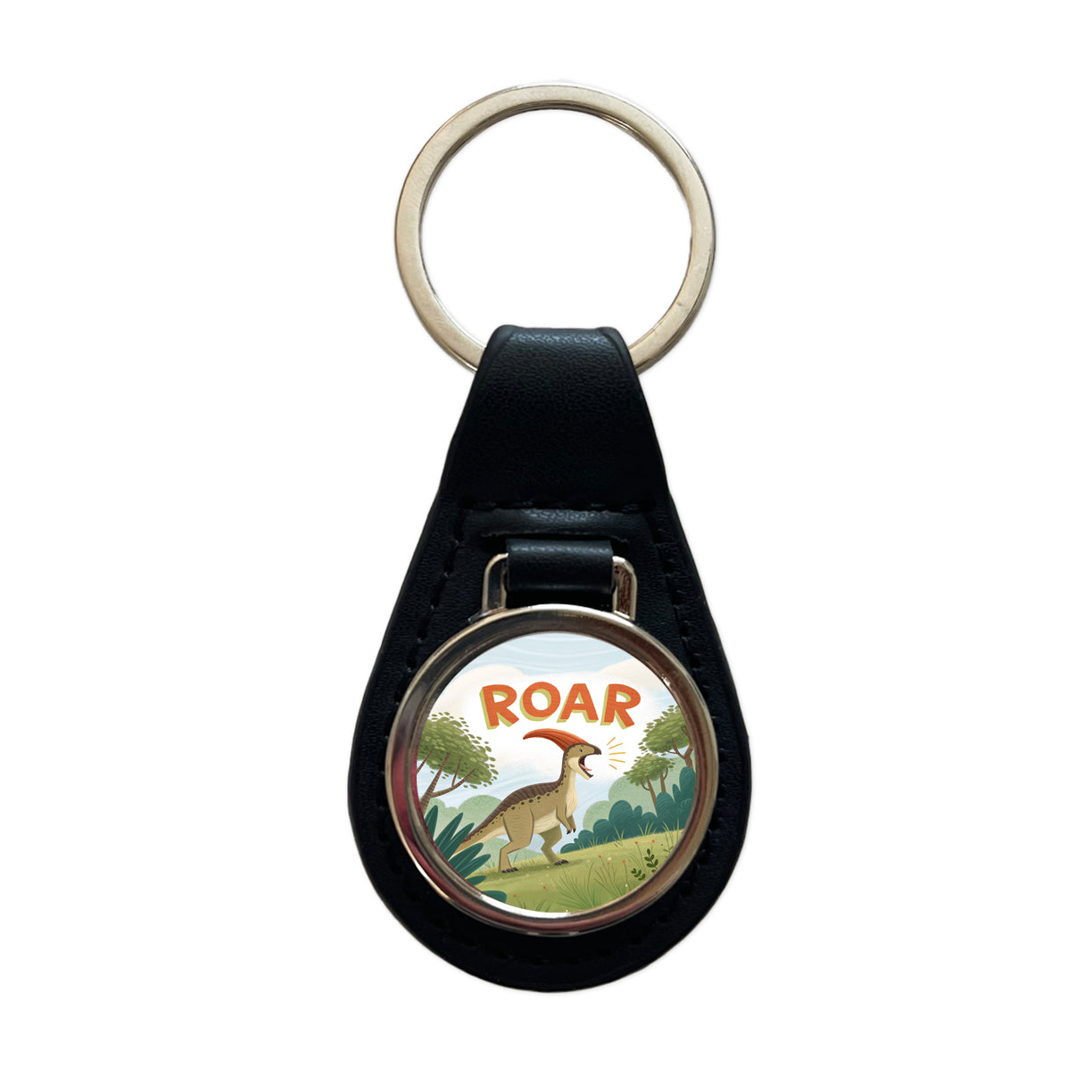 Parasaurolophus With Roar Bold Dinosaur Black Leather Metal Keychain