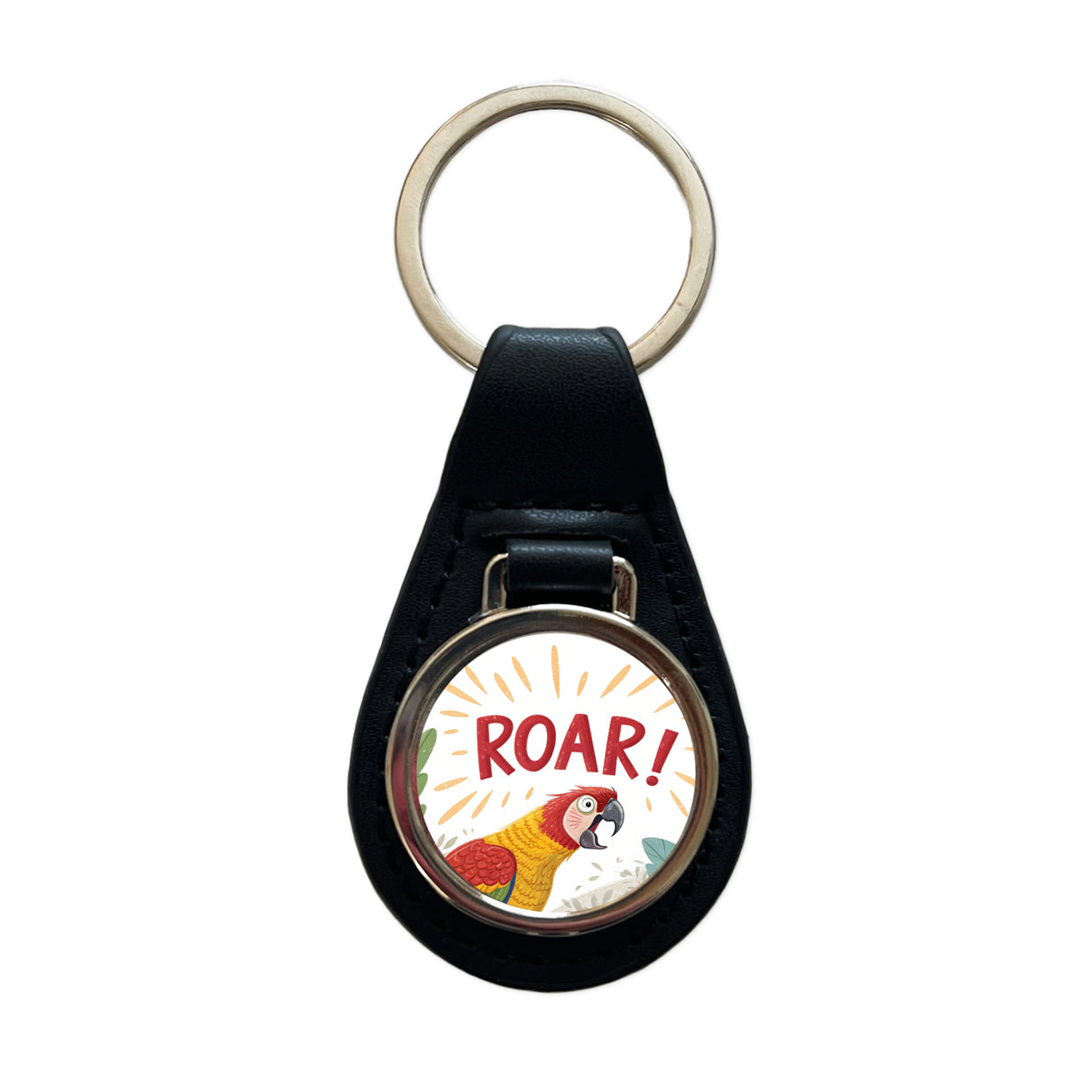Parrot With Roar Bold Text Funny Black Leather Metal Keychain