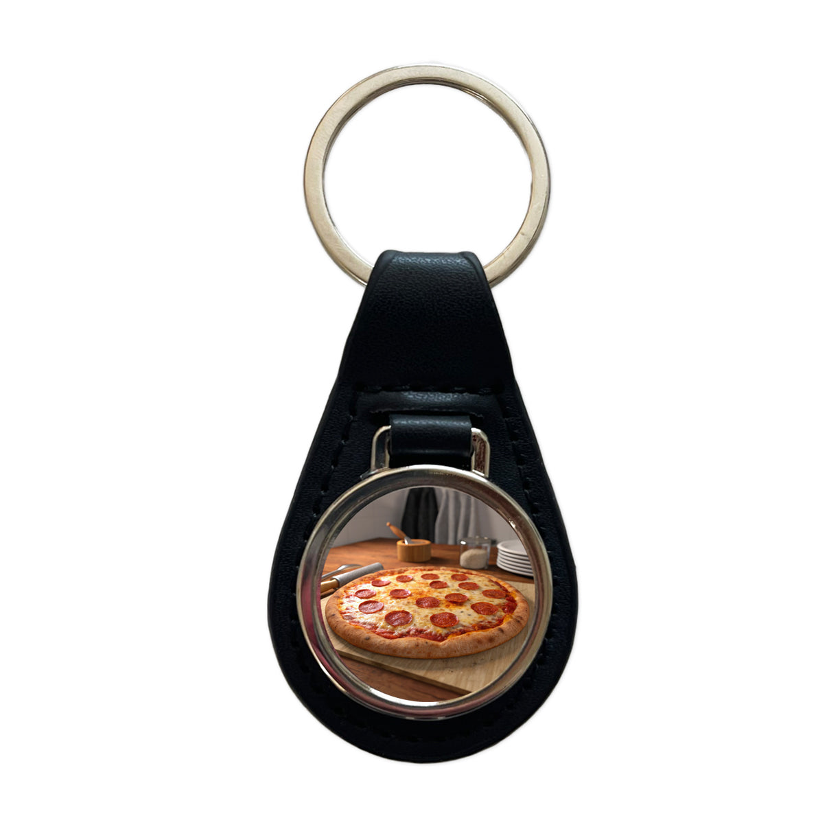 Pepperoni Pizza Yummy Dinner Black Leather Metal Keychain