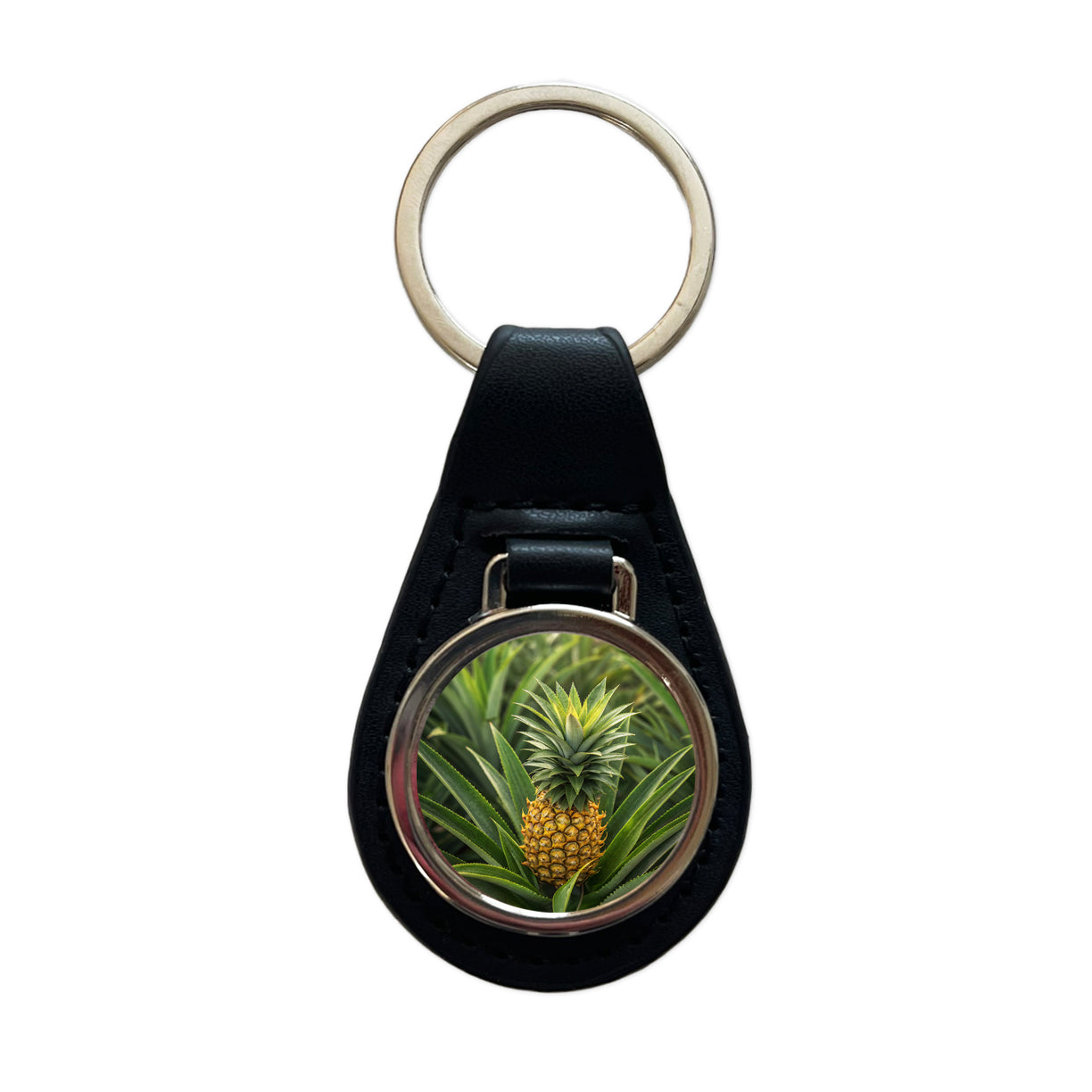 Pineapple Plant Black Leather Metal Keychain