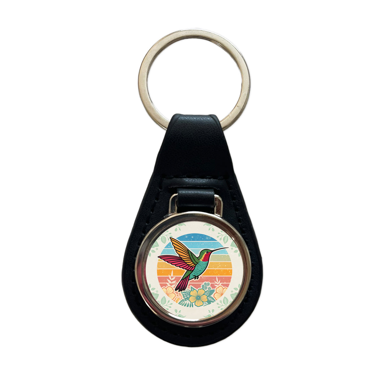 Retro Hummingbird Colorful Black Leather Metal Keychain