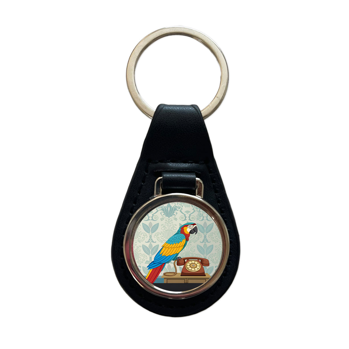 Retro Macaw Colorful Bird Black Leather Metal Keychain