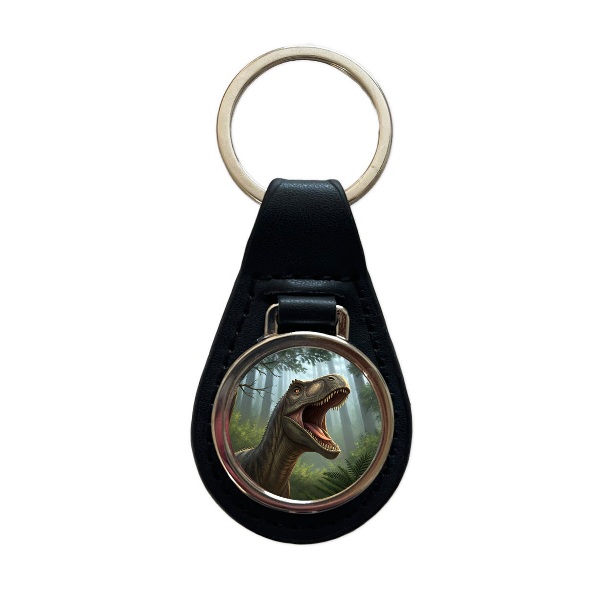 Roaring Brontosaurus Dinosaur Forest Black Leather Metal Keychain