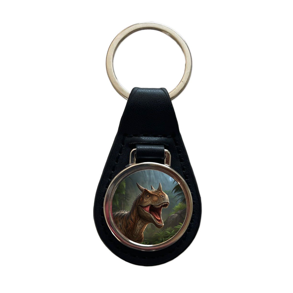Roaring Carnotaurus Dinosaur Scary Black Leather Metal Keychain