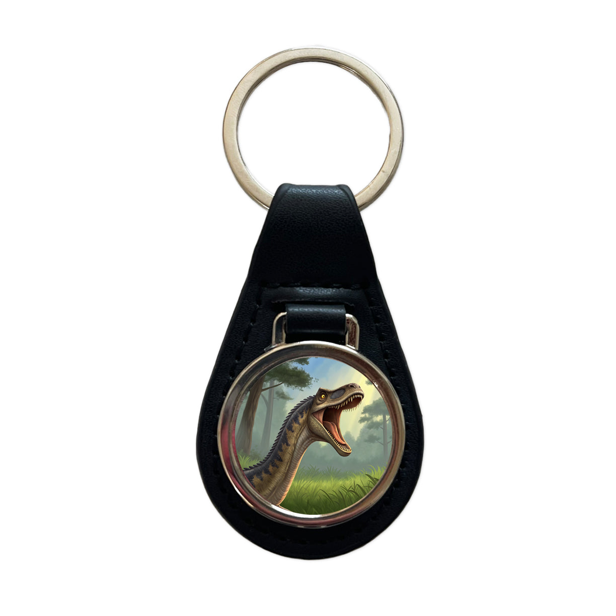 Roaring Diplodocus Dinosaur Forest Black Leather Metal Keychain