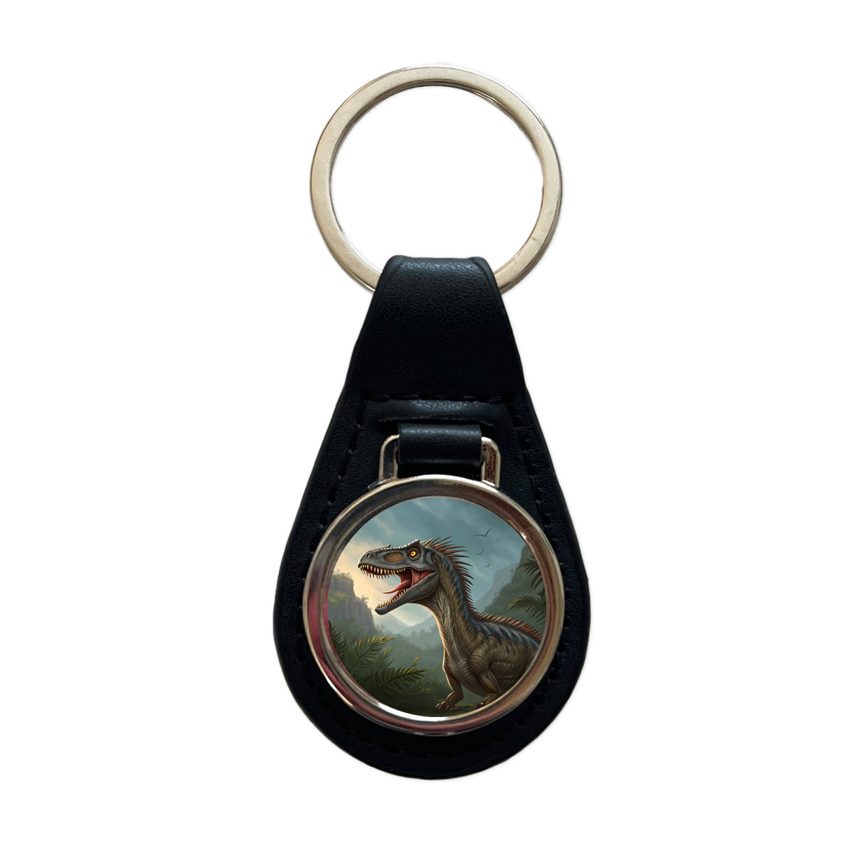 Roaring Eoraptor Dinosaur Black Leather Metal Keychain