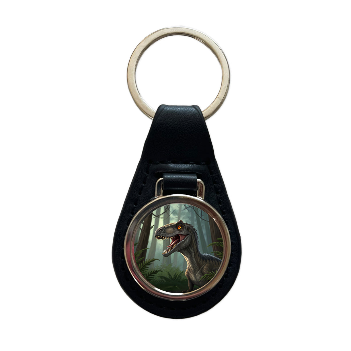 Roaring Raptor Dinosaur Forest Black Leather Metal Keychain