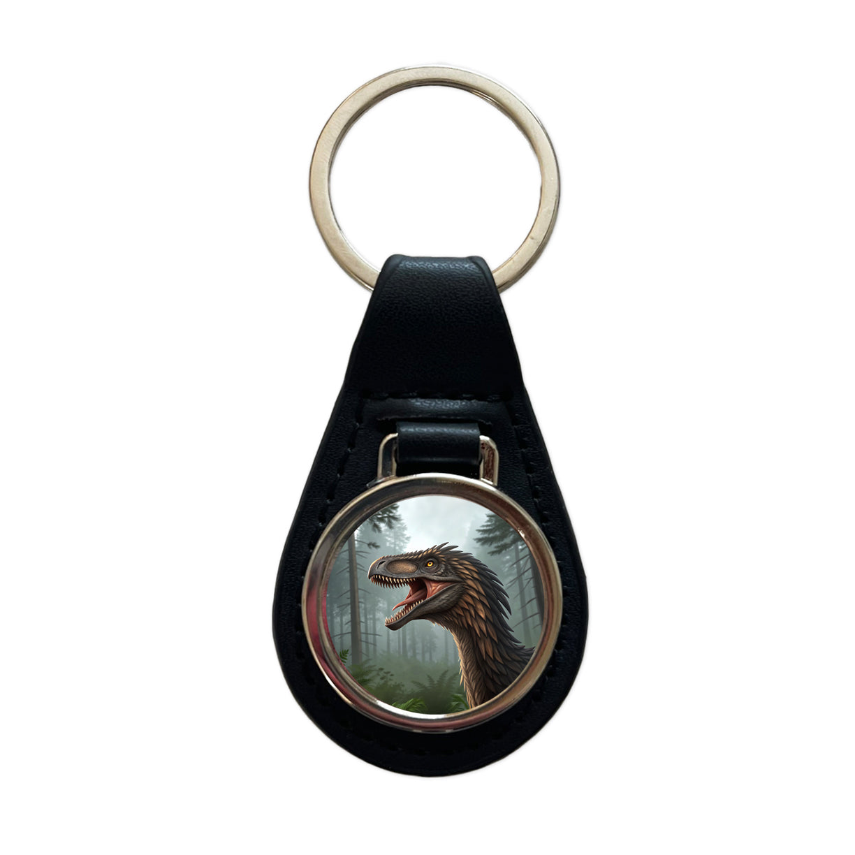 Roaring Raptor Dinosaur Black Leather Metal Keychain