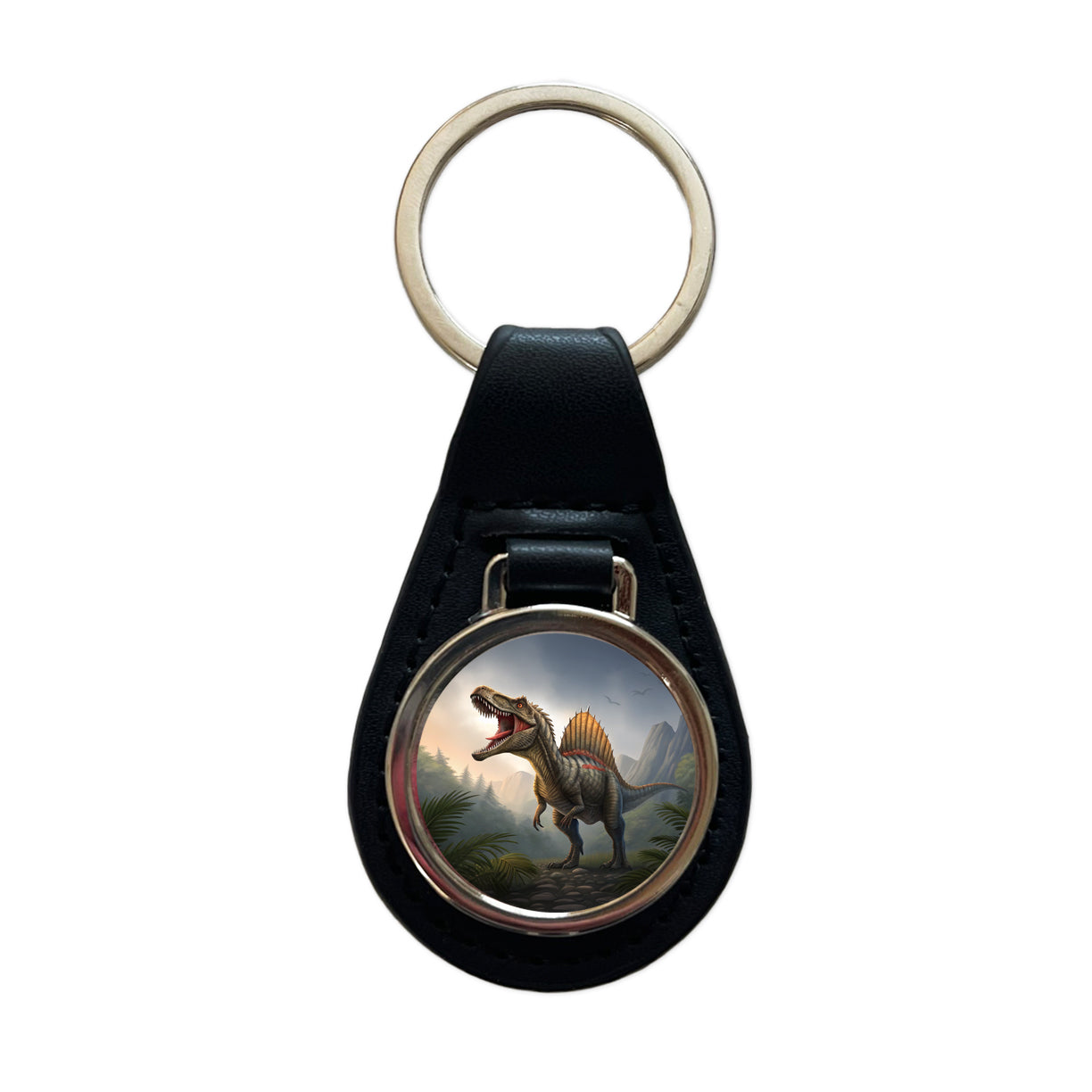 Roaring Spinosaurus Dinosaur Mountains Black Leather Metal Keychain