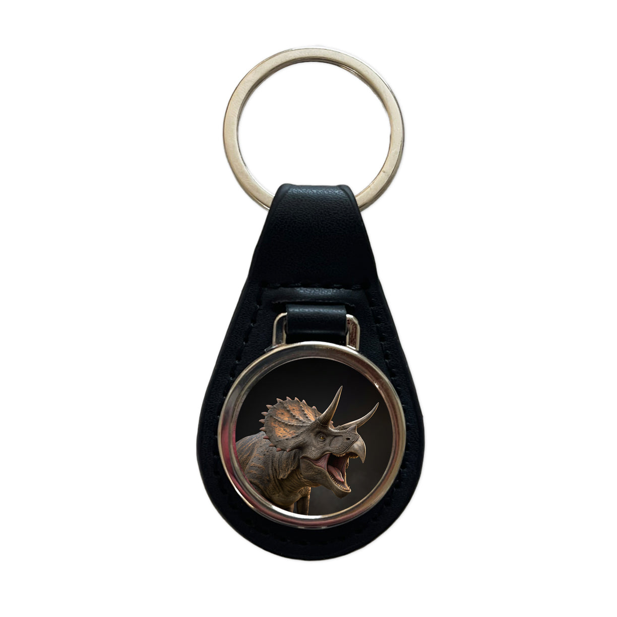 Roaring Triceratops Dinosaur Realistic Black Leather Metal Keychain