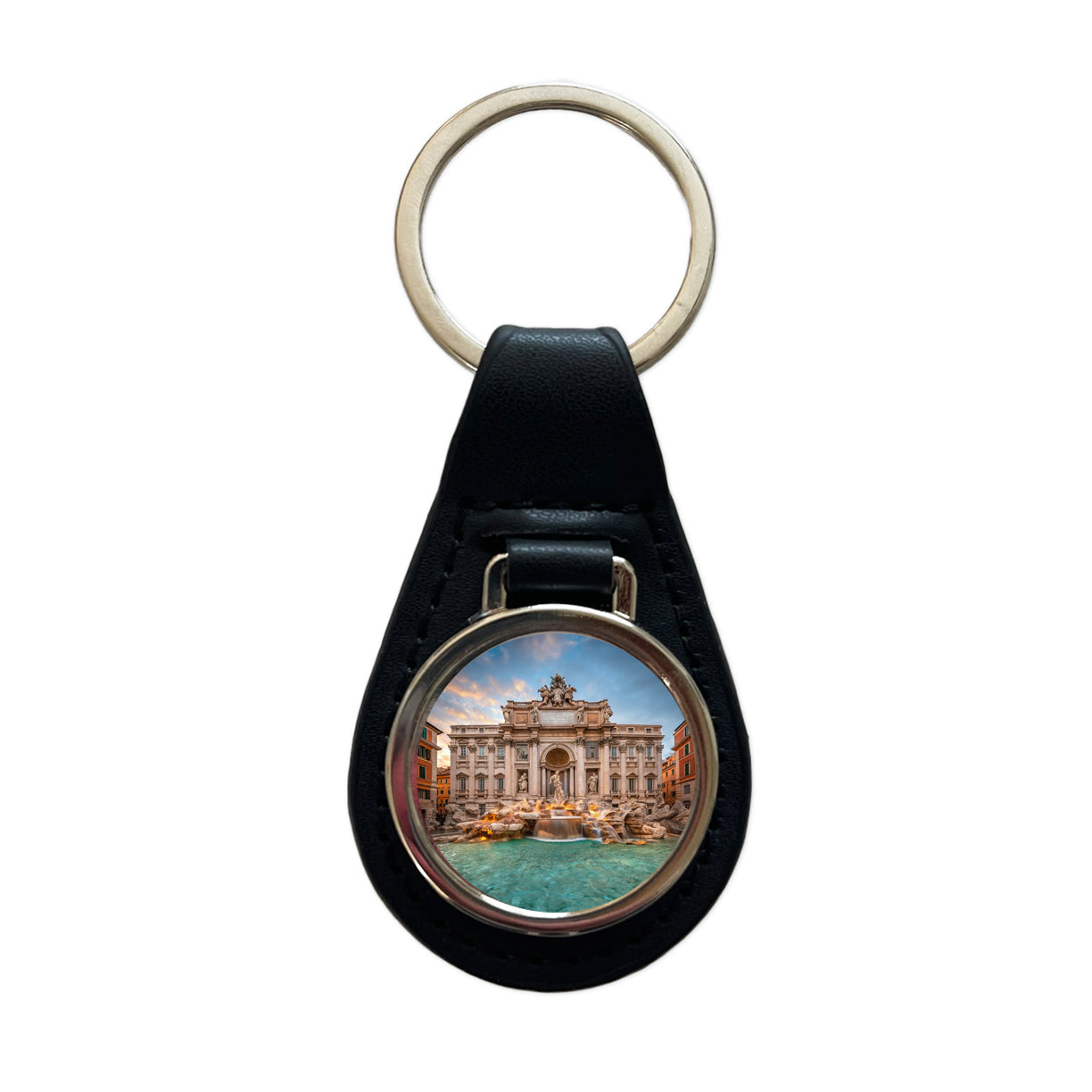 Rome Italy Trevi Fountain Travel History Black Leather Metal Keychain