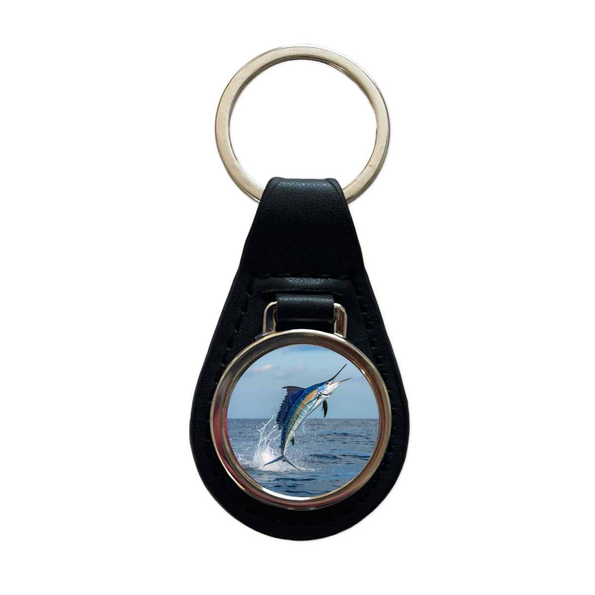 Sailfish Jumping Fishing Black Leather Metal Keychain
