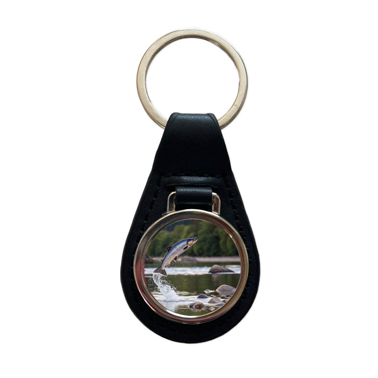 Salmon Fish Jumping Fishing Black Leather Metal Keychain