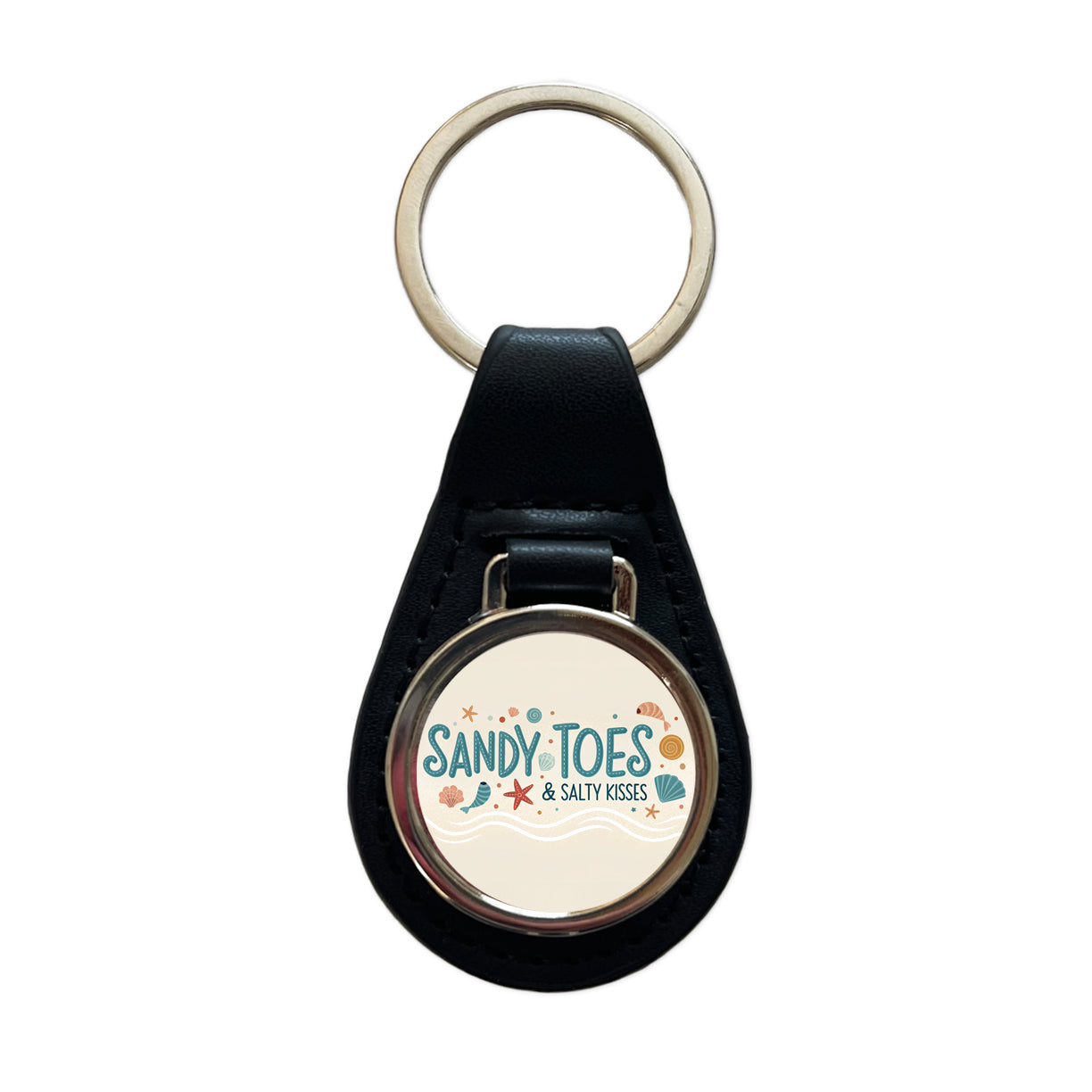 Sandy Toes Salty Kisses Ocean Beach Shells Black Leather Metal Keychain