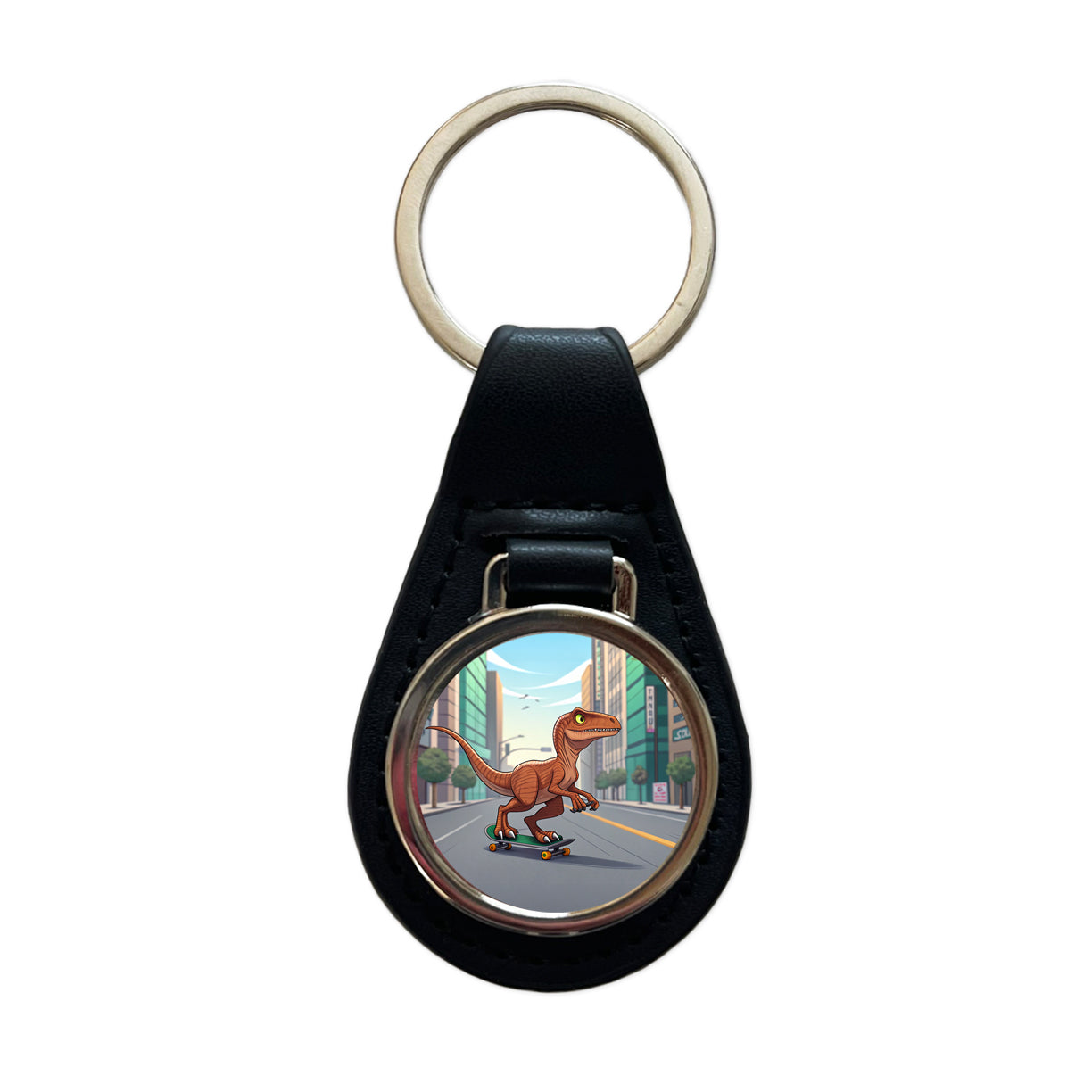 Skateboarding Raptor Dinosaur Black Leather Metal Keychain