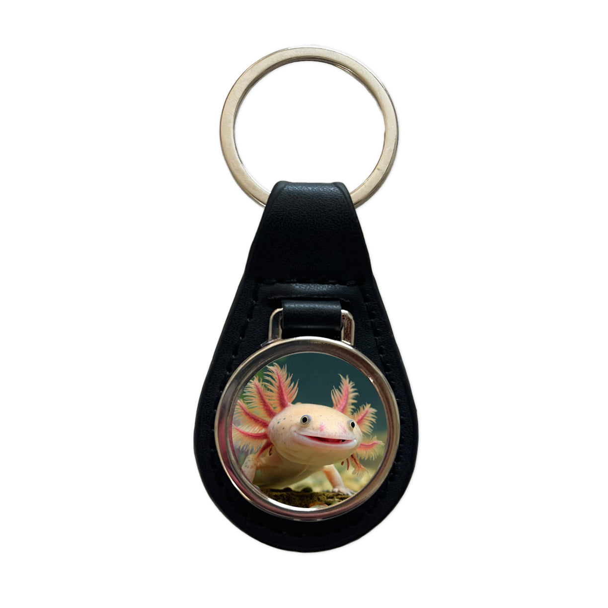 Smiling Axolotl Adorable Black Leather Metal Keychain