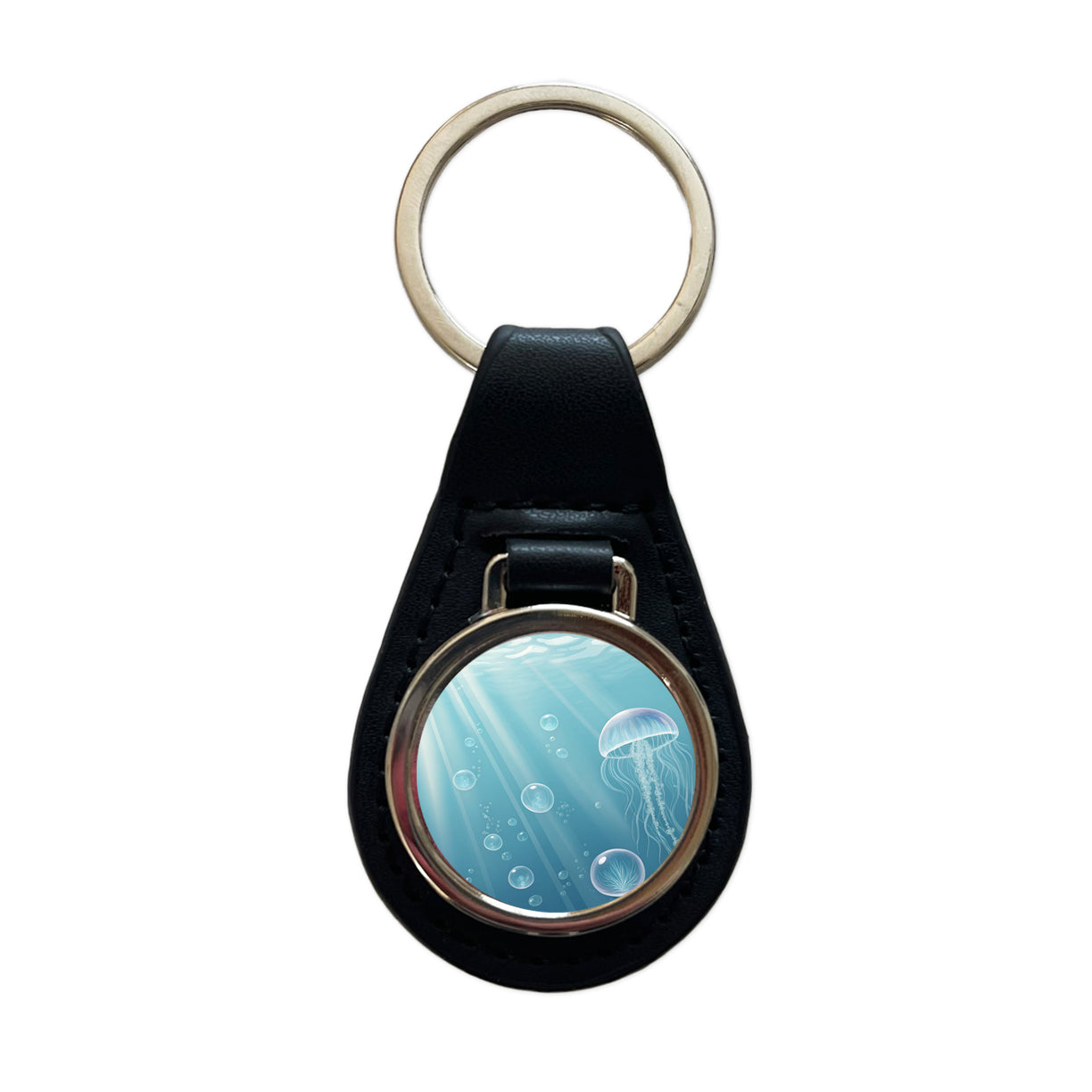 Soft Blue Tones Jellyfish Ocean Sea Black Leather Metal Keychain