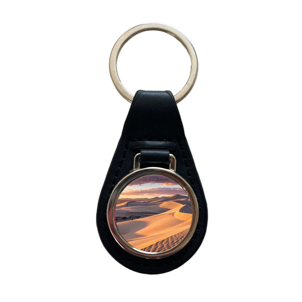 Soft Rolling Sand Dunes At Golden Hour Desert Black Leather Metal Keychain