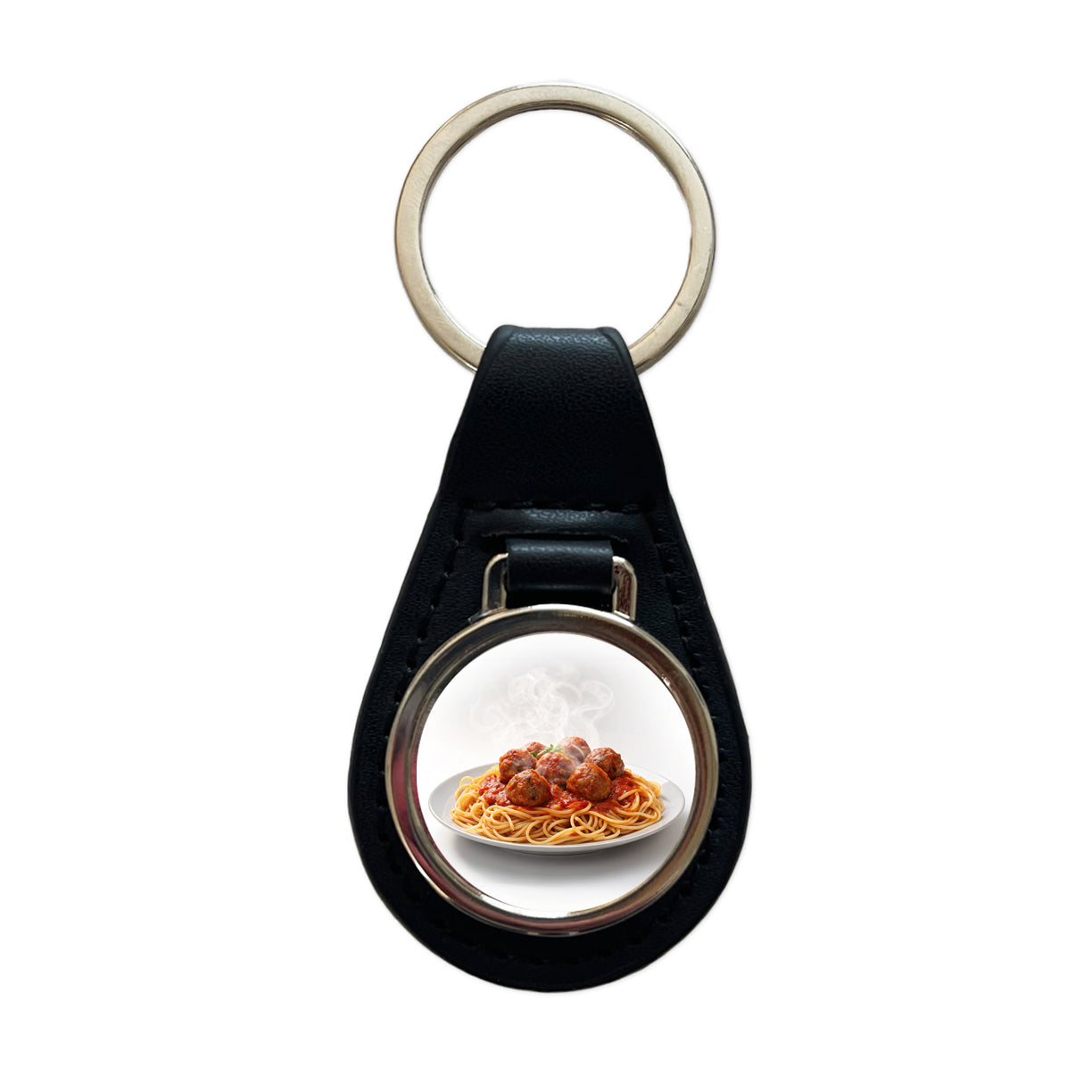 Spaghetti And Meatballs Italian Plate Black Leather Metal Keychain