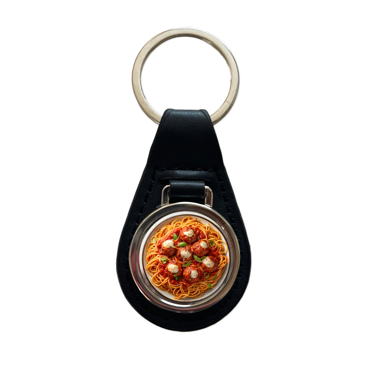 Spaghetti And Meatballs Top Down View Pasta Black Leather Metal Keychain