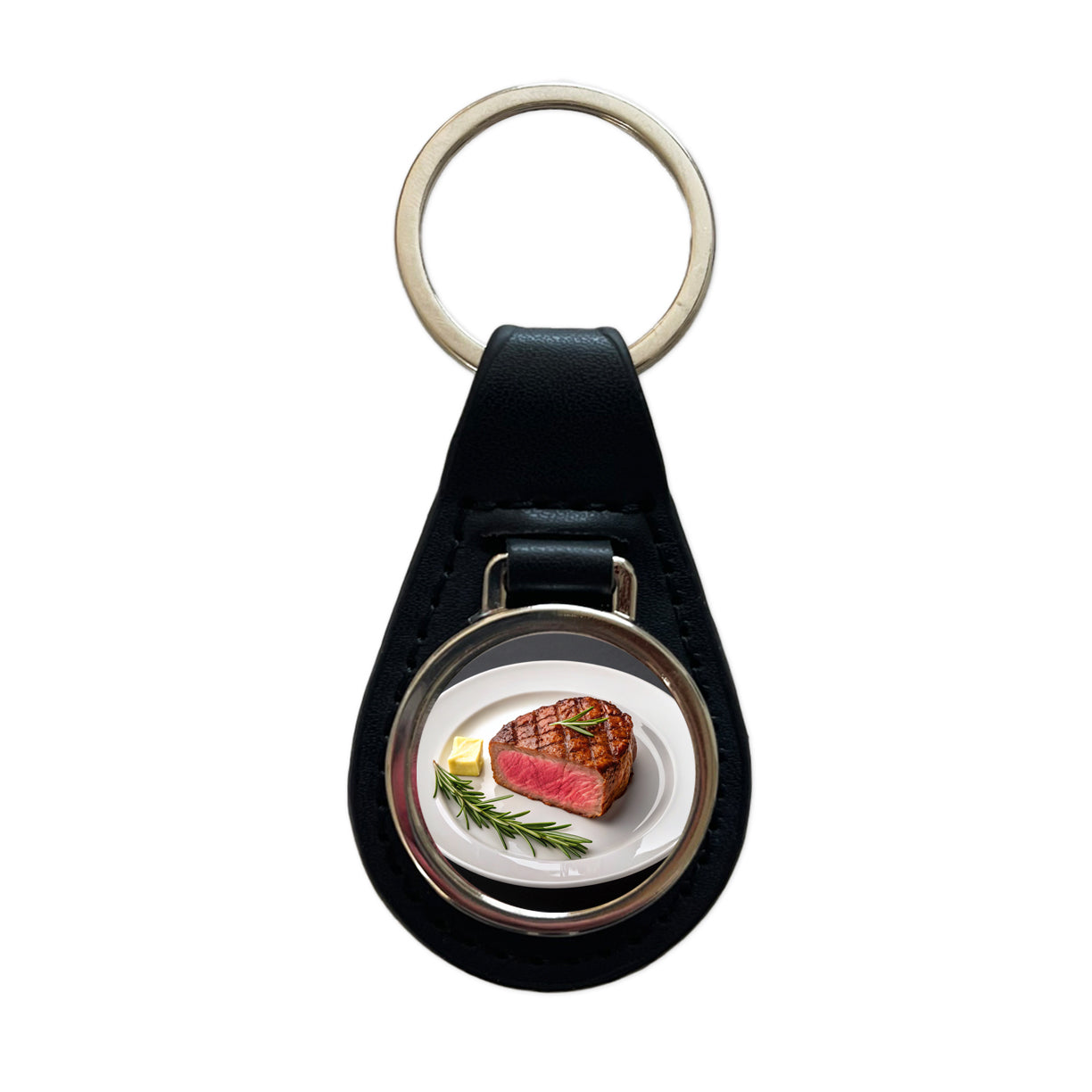 Steak Dinner On Plate Black Leather Metal Keychain
