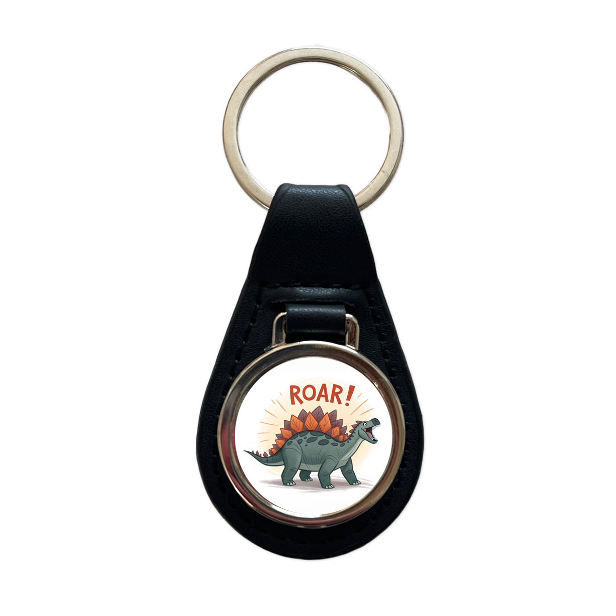 Stegosaurus Roar Text Dinosaur Fun Black Leather Metal Keychain