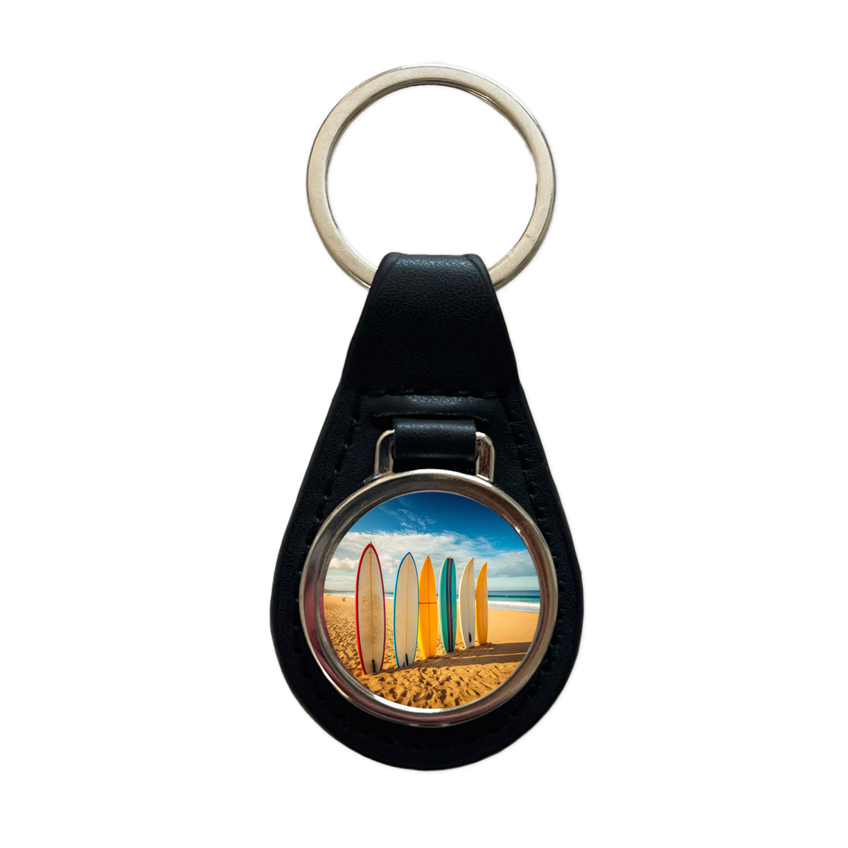 Surfboard Lineup On Beach Black Leather Metal Keychain