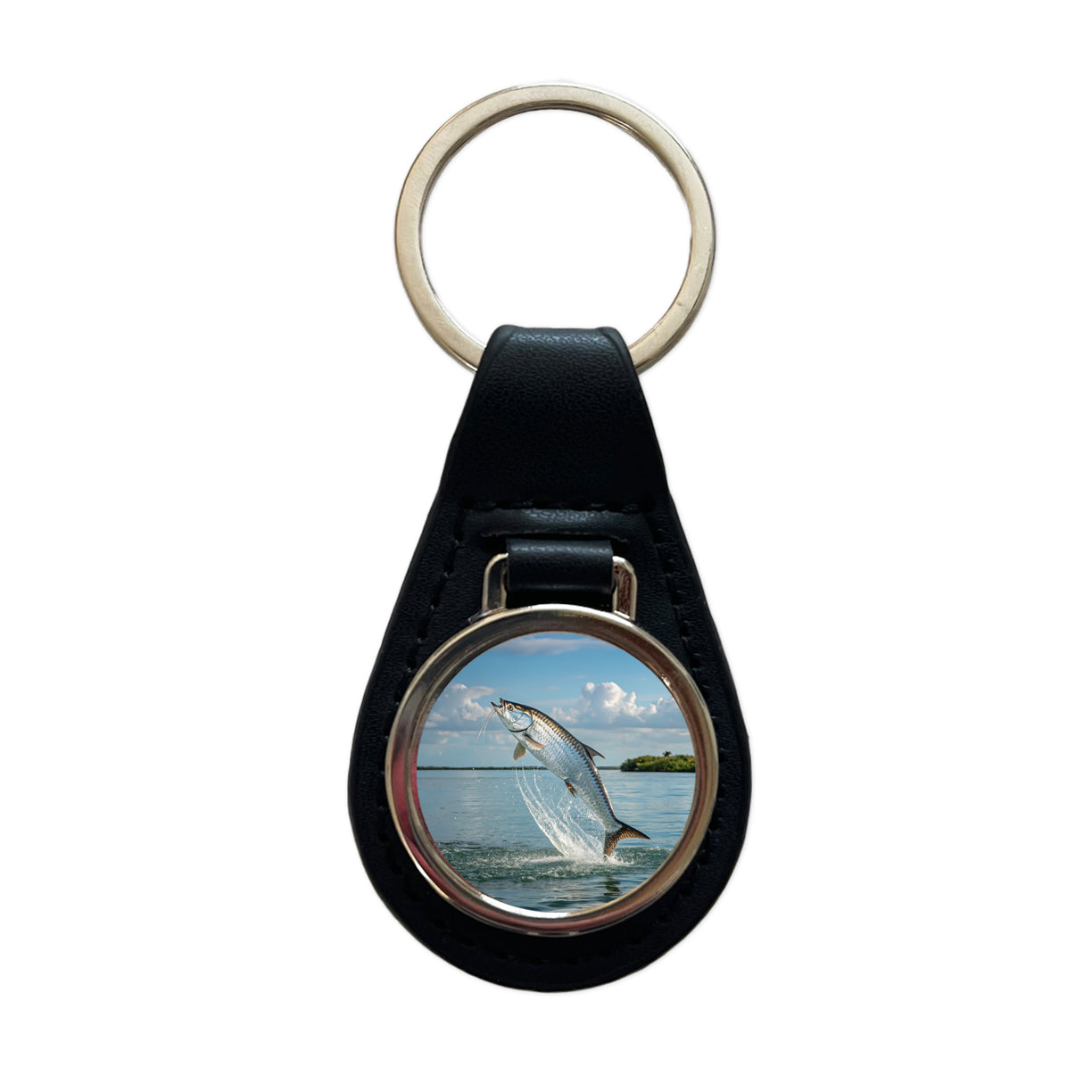 Tarpon Fish Jumping Fishing Black Leather Metal Keychain