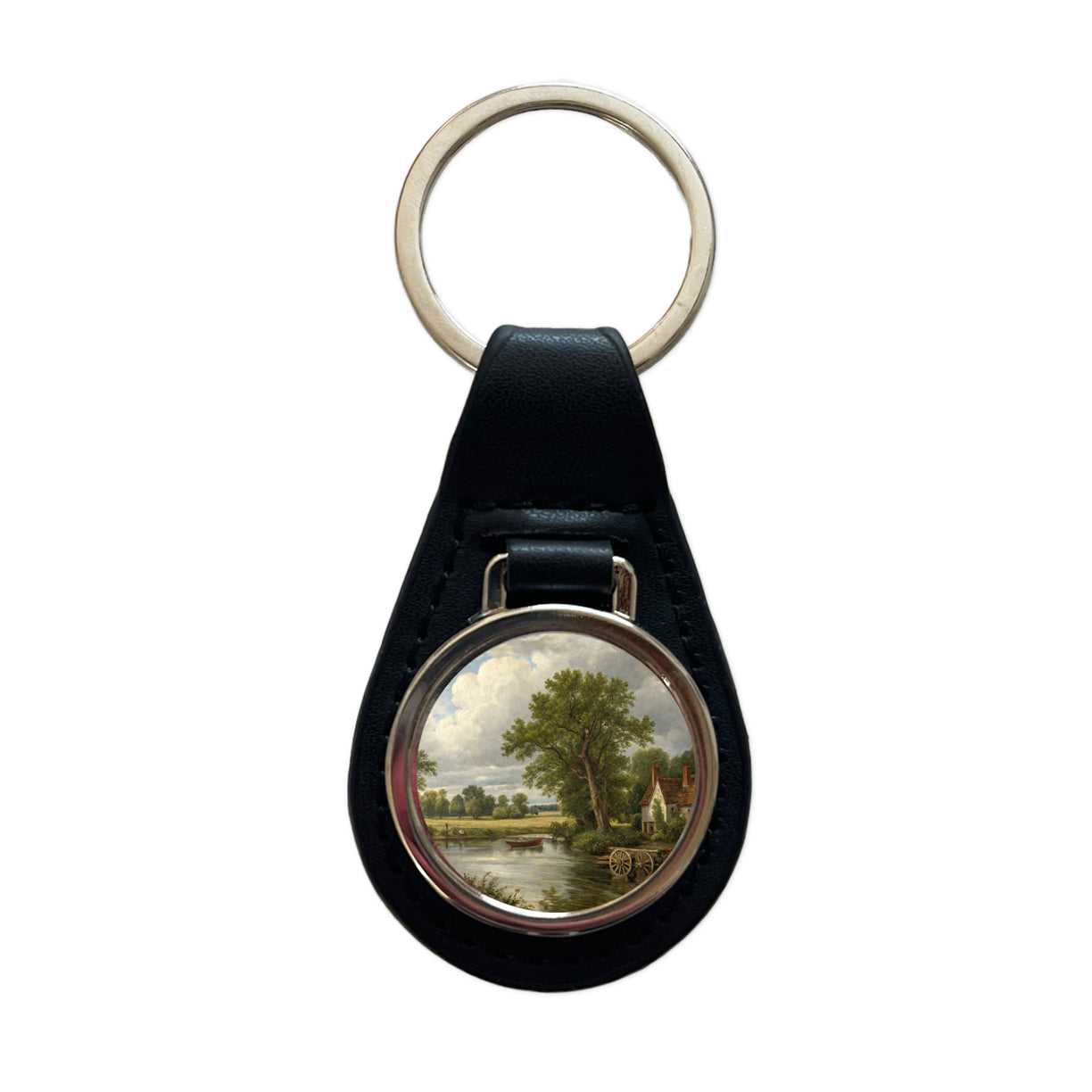 The Hay Wain By John Constable Painting Inspired Black Leather Metal Keychain