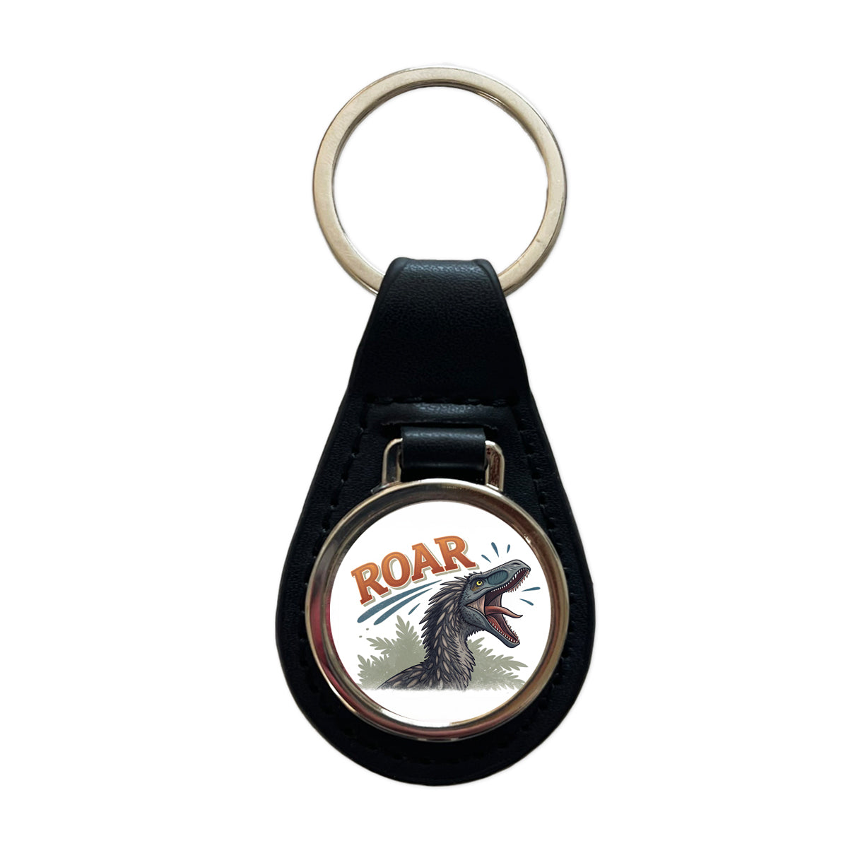 Therizinosaurus Roar Bold Dinosaur Black Leather Metal Keychain