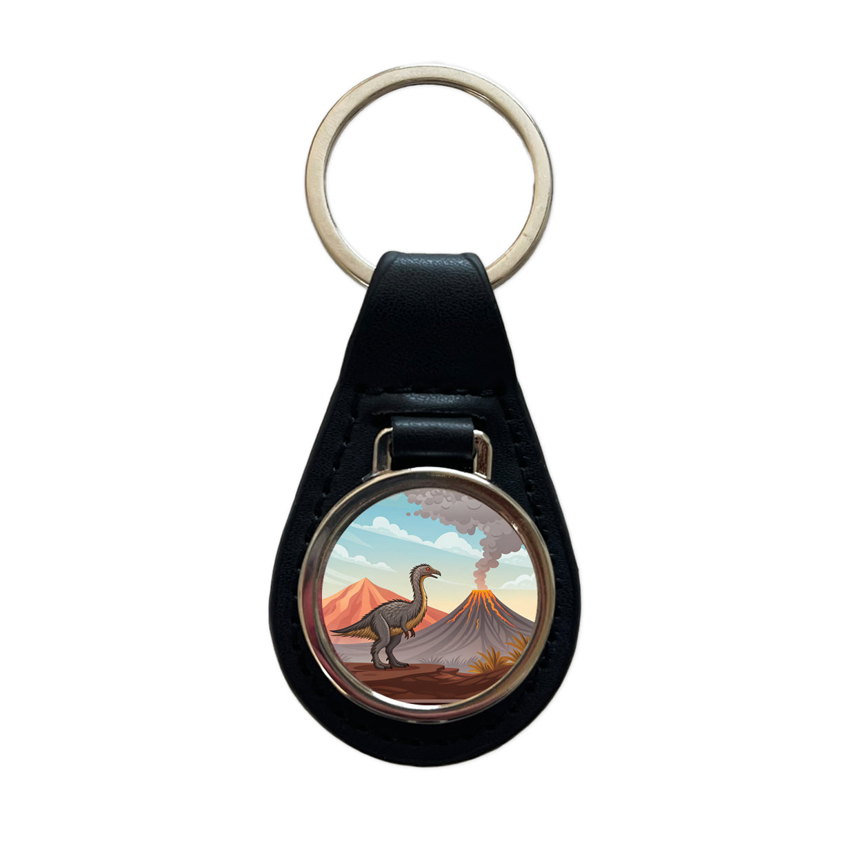 Therizinosaurus Volcano Black Leather Metal Keychain