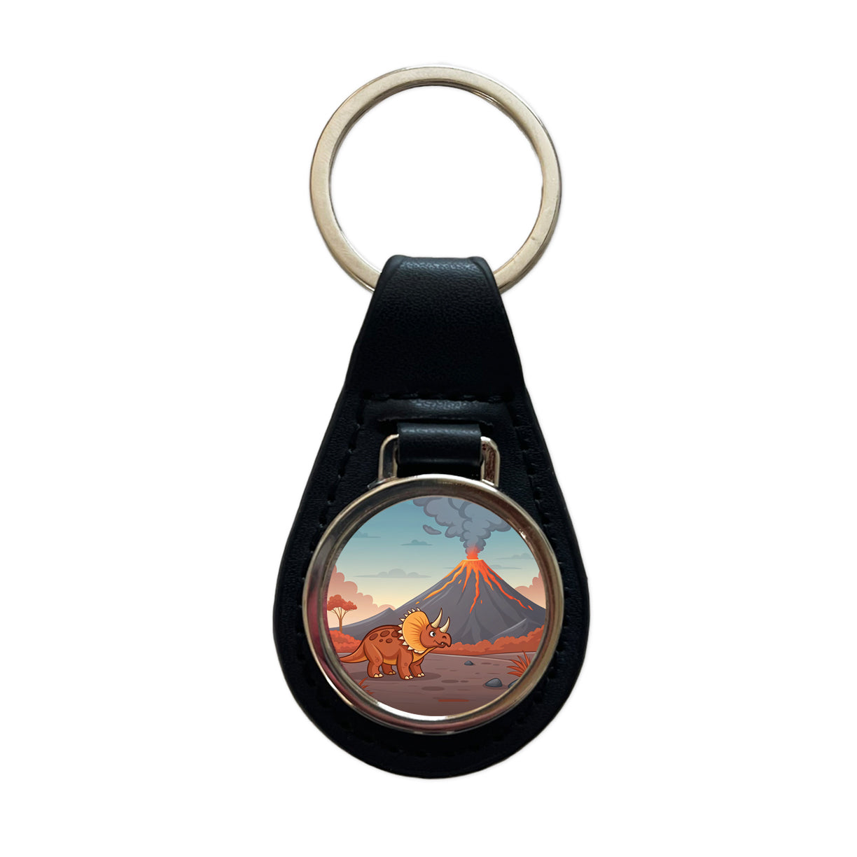 Triceratops Volcano Dinosaur Black Leather Metal Keychain