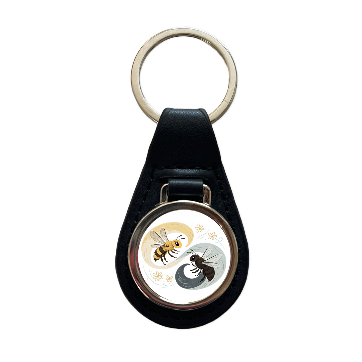 Two Bees Yin Yang Black Leather Metal Keychain