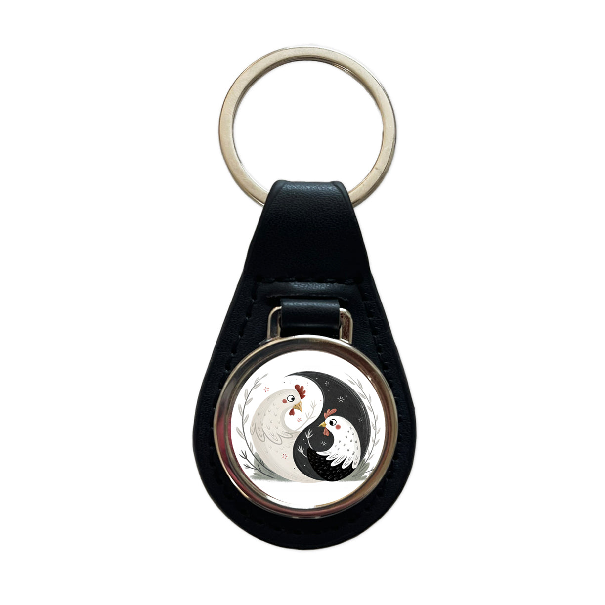 Two Chickens Yin Yang Black Leather Metal Keychain