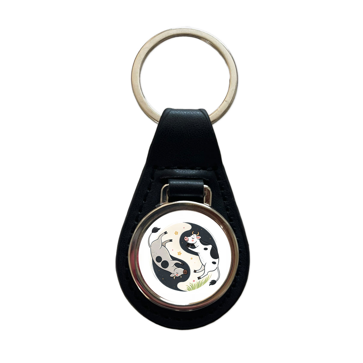 Two Cows Yin Yang Black Leather Metal Keychain